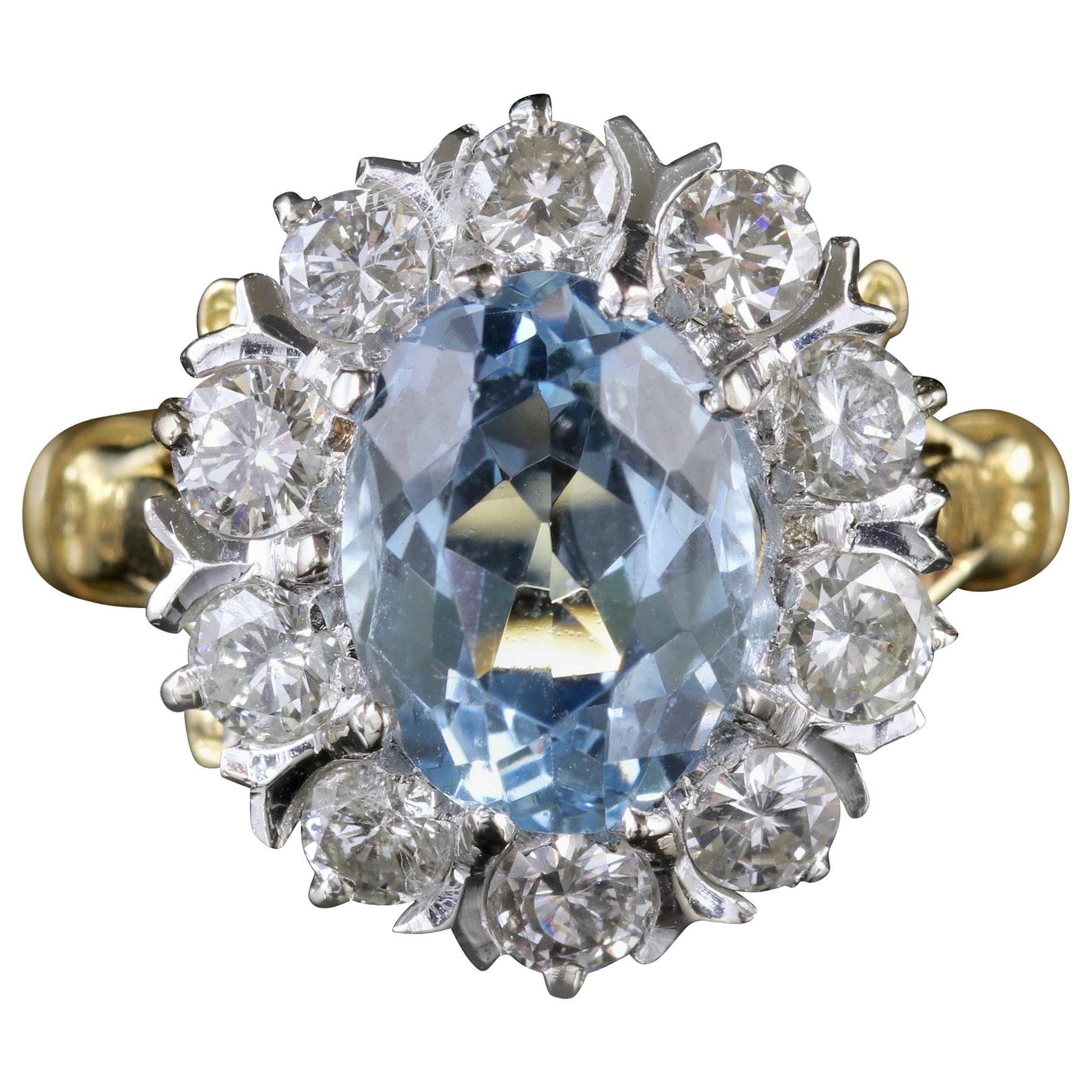 Antique Victorian Aquamarine Cluster Ring Diamond 18 Carat Gold, circa 1900