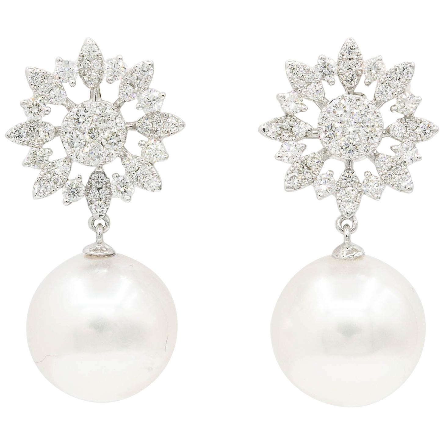 Diamond Cluster Marquise Shape Star with South Sea Pearl Dangle Earrings