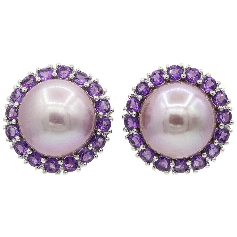Amethyst And Pink Freshwater Pearl Diamond Studs Earrings For Amethyst And Pink Freshwater Pearl Diamond Studs Earrings For