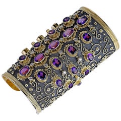 Georgios Collections 18 Karat Solid Gold Cuff Bracelet with Amethysts Diamonds