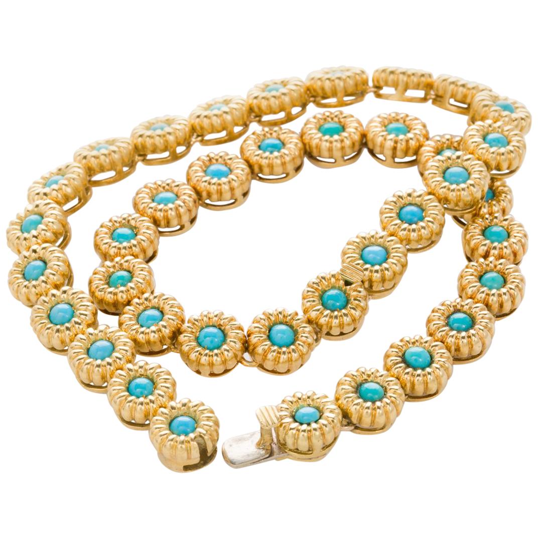 18 Karat Yellow Gold Turquoise Bracelets or Choker Necklace For Sale