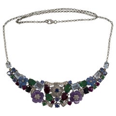 24.30 Carat Ruby Sapphire Emerald Aquamarine Diamond White Gold Flowers Necklace