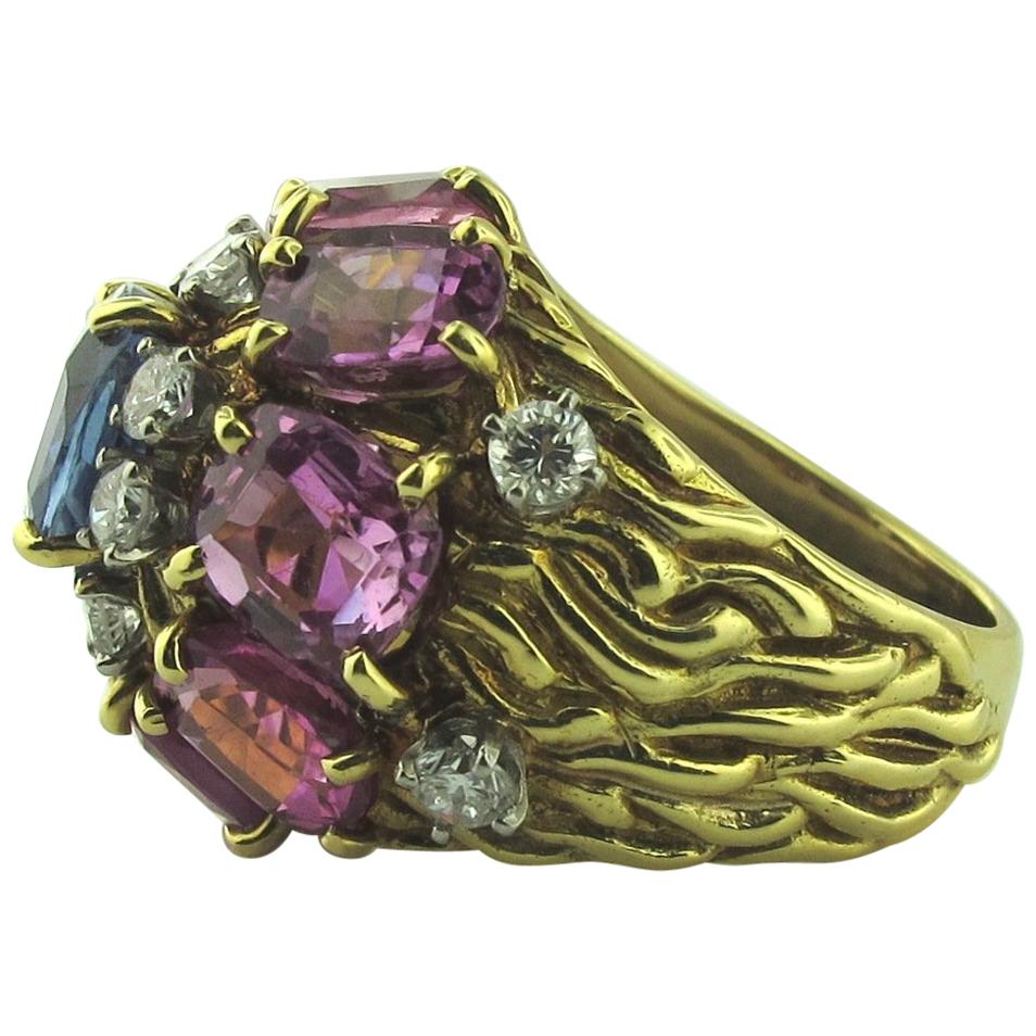 Blue and Pink Sapphire Ring with Diamonds in 18 Karat Yellow Gold