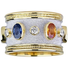 Georgios Collections 18 Karat Yellow Gold Byzantine Ring with Sapphires Diamonds