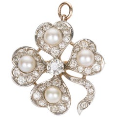 Antique Old European Cut Diamond and Pearl Shamrock Pendant Pin