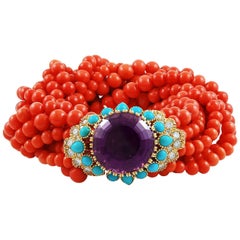 Cartier Amethyst, Diamond, Coral, Turquoise Bead Bracelet
