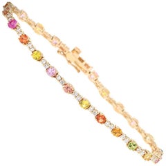 4.49 Carat Multicolored Sapphire Diamond Yellow Gold Tennis Bracelet
