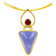Robin Waynee, Chalcedony and Rhodolite Pendant, 18 Karat Gold, Blue Chalcedony