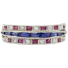 Art Deco Platinum Diamond Emerald Sapphire Ruby Flip Swivel Ring Eternity Band