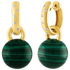Malachite and Diamond Dangle Charm Gold Earrings