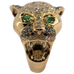 0.10 Carat Emerald 3.50 Carat Diamond Yellow Gold "Tiger" Cocktail Ring
