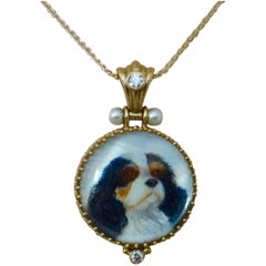 Michael Kneebone Pearl Diamond Gold King Charles Spaniel Portrait Pendant