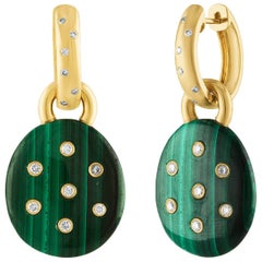 Malachite and Diamond Dangle Charm Gold Earrings