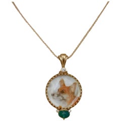 Michael Kneebone Emerald Diamond Gold Welsh Corgi Portrait Pendant