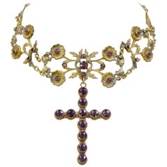 Jill Garber French Art Nouveau Gold Gilded Figural Choker with Amethyst Cross