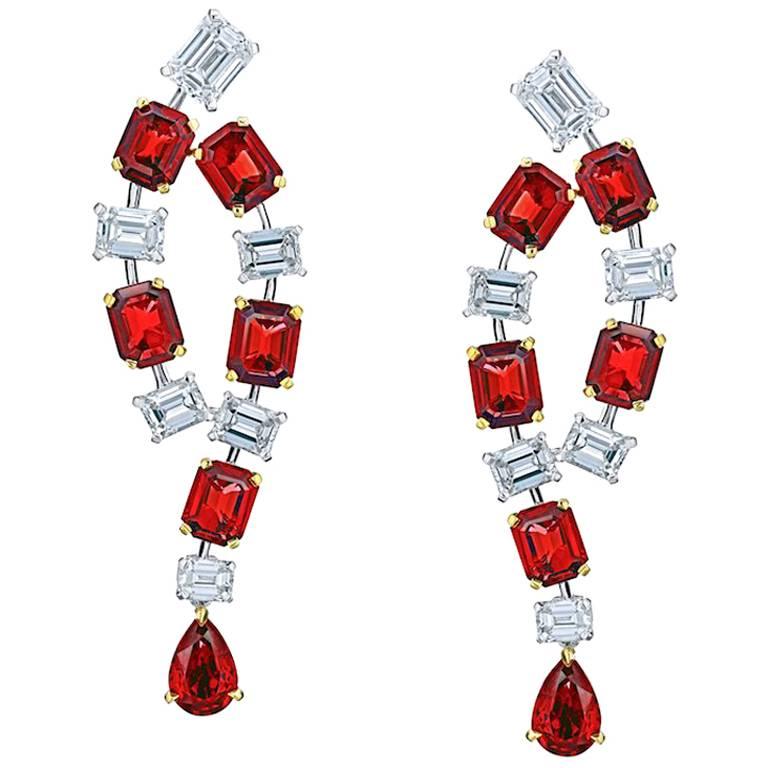 Emerald Cut And Pear Shape Ruby Diamond Platinum 18k Emerald Cut And Pear Shape Ruby Diamond Platinum 18k Earrings For