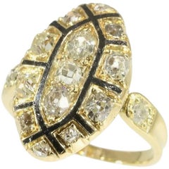 Antique 1.50 Carat Diamond Black Enamel 18 Karat Yellow Gold Ring