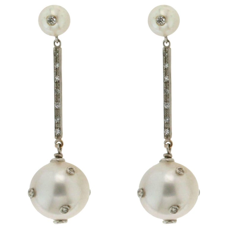 Diamonds Australian Pearls White Gold Drop Earrings For Sale at 1stdibs
