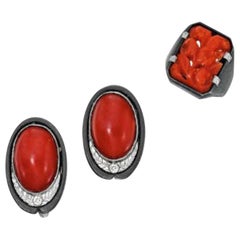 Blackened Steel, Coral and Diamond Earclips and Ring, circa 1930s