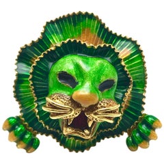 Green Orange and Red Enamel Yellow Gold Lion Cocktail Ring