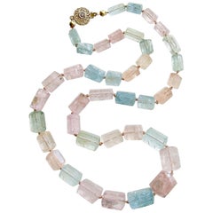 Beryl Aquamarine Morganite Necklace with 14 Karat Gold Diamond Filigree Clasp