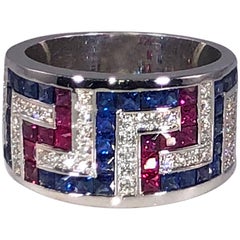 Georgios Collections 18 Karat White Gold Greek Key Sapphire Ruby Diamond Ring
