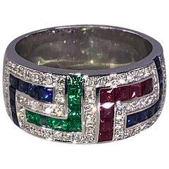 Georgios Collections 18 Karat White Gold Greek Key Multicolour Ring