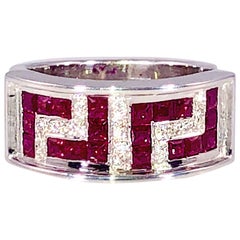 Georgios Collections 18 Karat White Gold Greek Key Ring with Diamonds and Rubies
