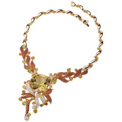 Heliodor Diamond Spassartite Peridot Yellow Sapphire Gold Necklace "Fireworks"