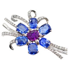 1940s Natural Blue and Purple Sapphire Diamond Platinum Brooch