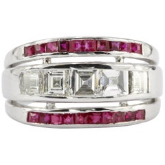 Art Deco Platinum Care Cut Diamonds and Ruby Triple Row Band Ring, circa 1930s