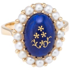 Enamel Cultured Pearl Princess Cocktail Ring Vintage 18 Karat Yellow Gold