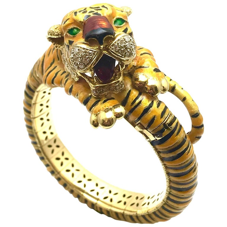 Cartier Diamond And Enamel Yellow Gold Bangle Tiger Bracelet For Cartier Diamond And Enamel Yellow Gold Bangle Tiger Bracelet For