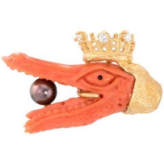 Crowned Alligator Tie Tac Pin Vintage Coral Diamond 18 Karat Gold