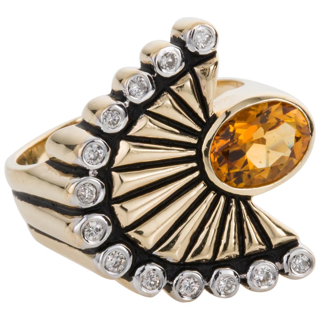 14 Karat Yellow Gold Erté Citrine and Diamond 'La Mer' Cocktail Dress Ring For Sale