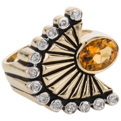 14 Karat Yellow Gold Erté Citrine and Diamond 'La Mer' Cocktail Dress Ring