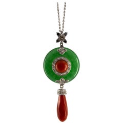 Mediterranean Red Coral 0.55 Carat Diamond Jade White Gold Necklace