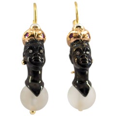 0.33 Carat Ruby Diamond Rock Crystal Pearl Yellow Gold Blackamoor Stud Earrings