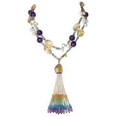 Multi-Color Stone Lariat with Pearls, Tassel and 14 Karat Gold Clasp by Marina J