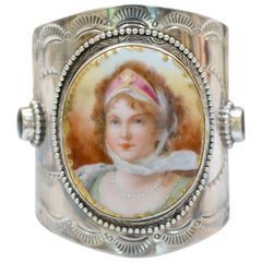 Jill Garber Antique French Goddess Portrait with Garnets Sterling Cuff Bracelet