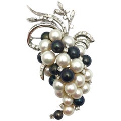 Diamond Cultured and Tahitian Pearl Hanging Grapes White Gold Pendant Brooch