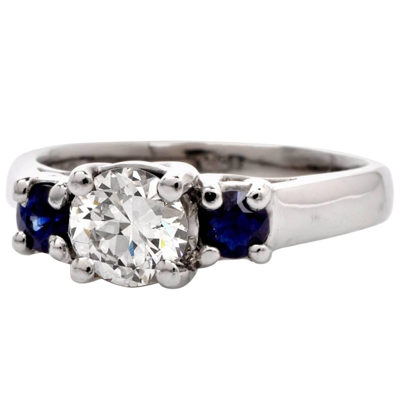 Three-Stone Sapphire Diamond Platinum Engagement Ring
