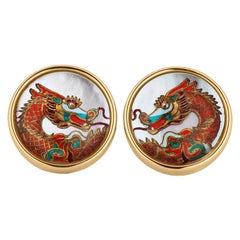 Reverse Carved Rock Crystal and Mother-of-Pearl Dragon Cufflinks
