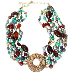 Antiques Carved Jade Bi Necklace Turquoise Amber Grey Pearls Gold