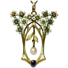 18 Karat Art Nouveau Pendant, Enhancer with Enamel, Diamonds, Pearl and Sapphire