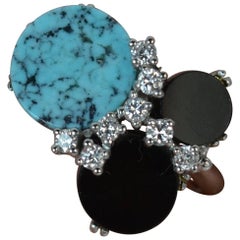 18 Carat White Gold Onyx Turquoise and Diamond Abstract Ring