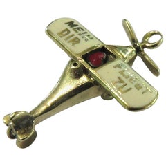 Rare Art Deco Enamel "Mein Fliegt Dir Zu" Movable Airplane Gold Charm Pendant