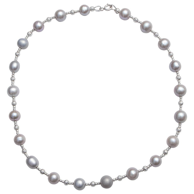 Grey Pearl Necklace with Diamond Cut Beads For Sale