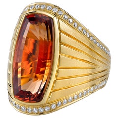 16.10 Imperial Topaz Cushion, Diamond Border 18k Yellow Gold Bezel Band Ring