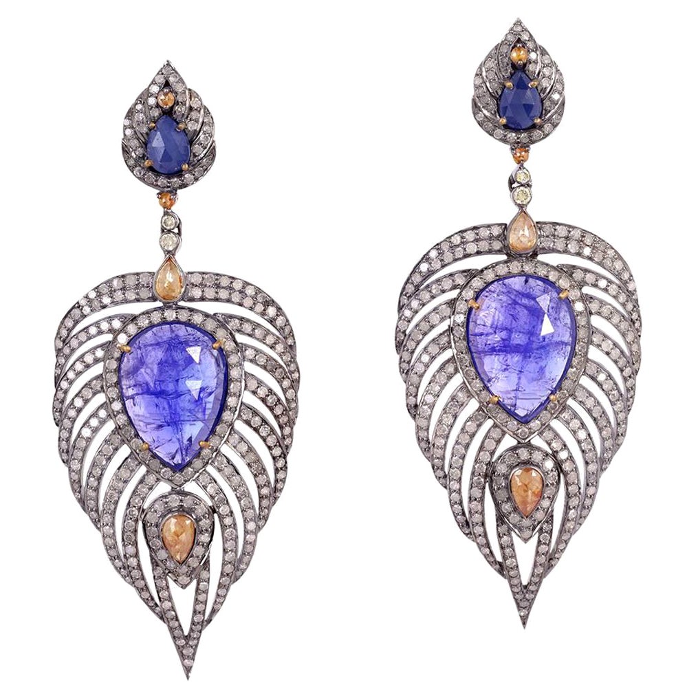 Tanzanite, Sapphire and Diamond Feather Earrings For Sale